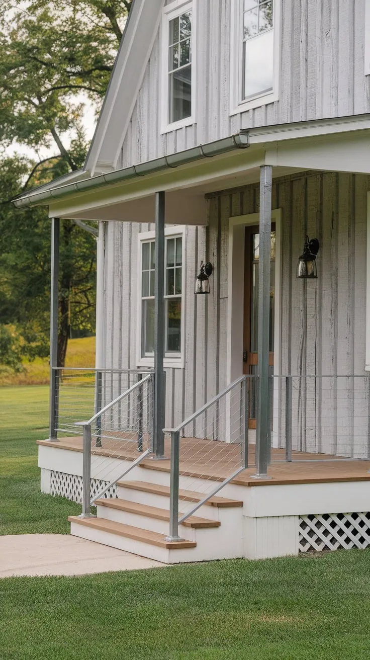 Modern Farmhouse Porch: A Blend of Wood and Steel Elegance