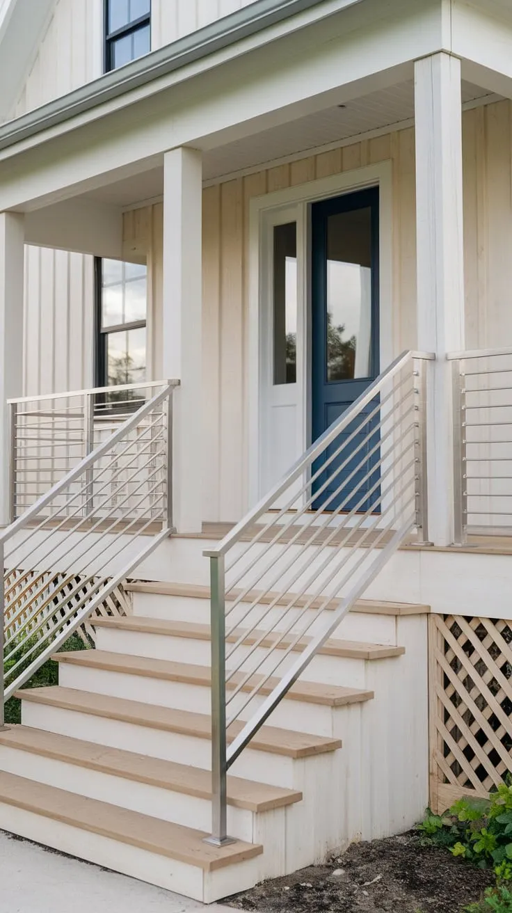 Chic Steel-Railed Stairs Elevate This Modern Farmhouse Porch