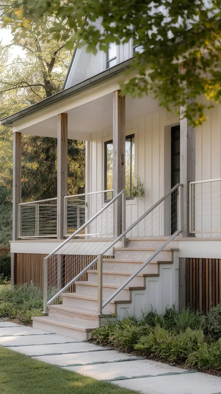 Chic Front Porch Stairs in a Modern Farmhouse