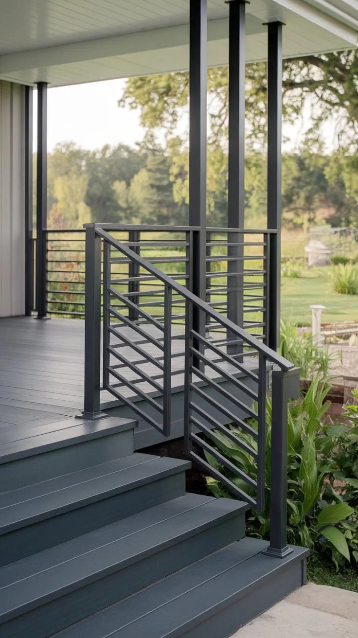Stylish Steel Railing Elevates Front Porch Stairs