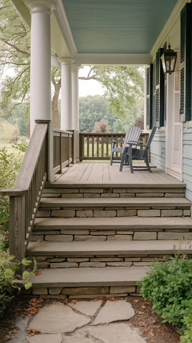 Serene Front Porch with Stone Steps and Lush Views