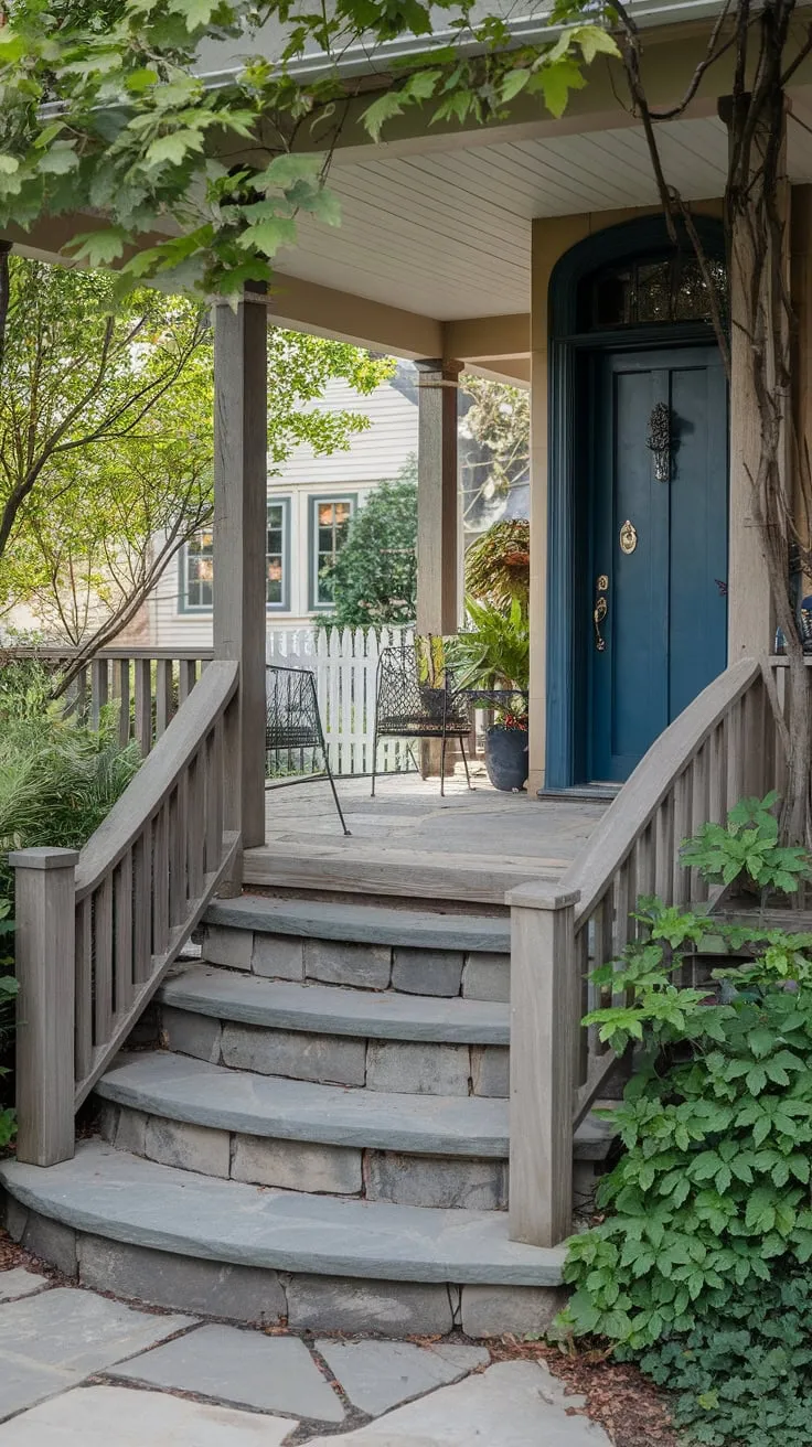 Inviting Front Porch with Curved Stone Steps and Lush Greenery