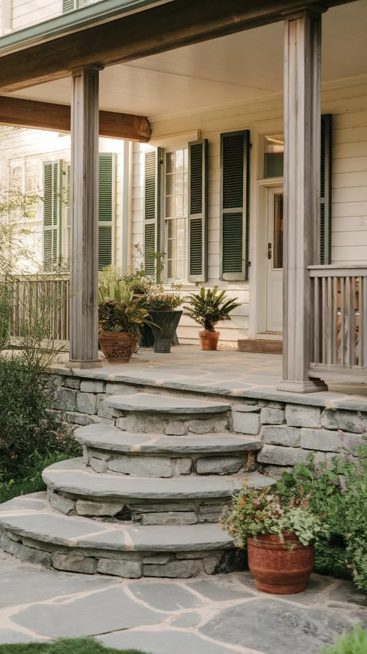 Welcoming Stone Steps to a Cozy Front Porch