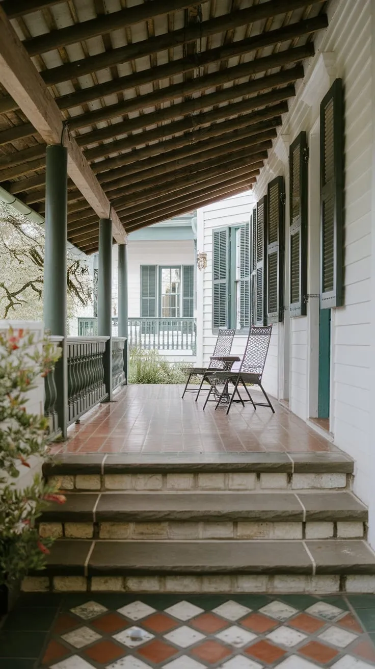 Cozy Front Porch with Stone Accents and Green Shutters