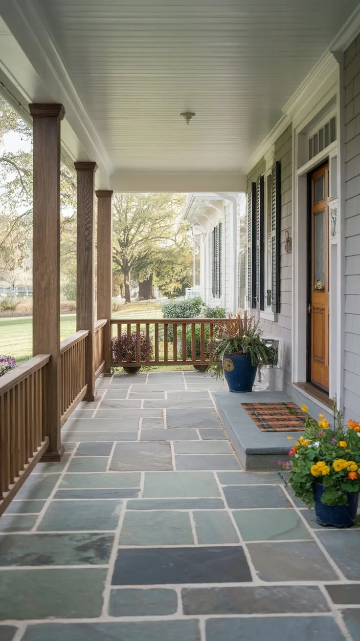Charming Stone-Floored Front Porch Oasis
