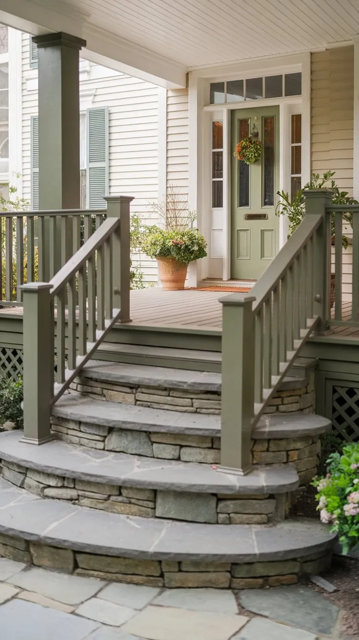 Inviting Front Porch with Stone Accents and Green Door