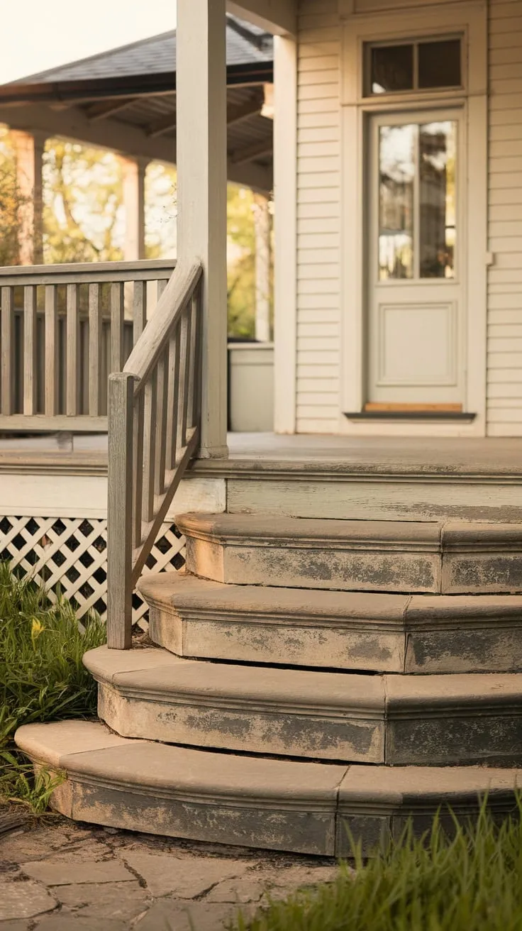 Rustic Elegance: Grey Stone Steps Embrace a Cozy Veranda