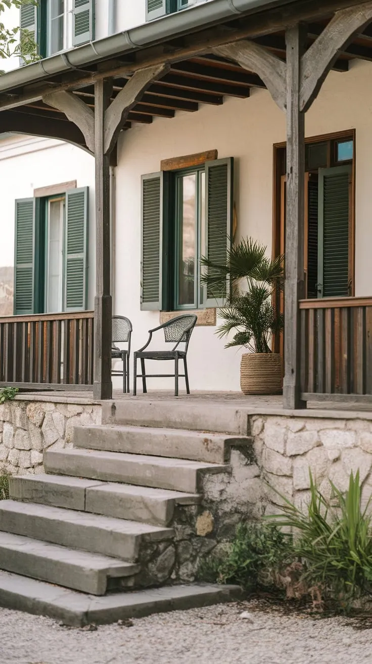 Inviting Veranda with Stone Steps and Cozy Chairs