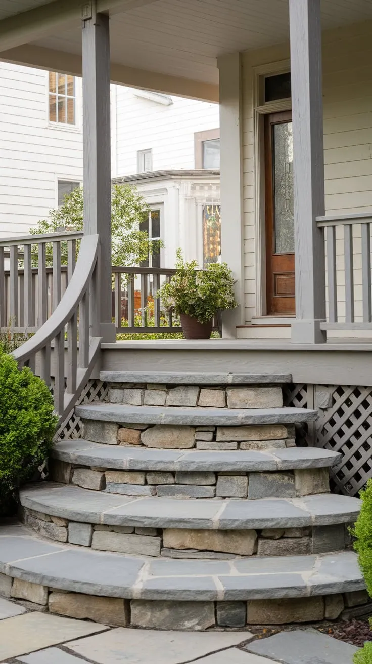 Elegant Stone Steps Enhance a Cozy Porch Entrance