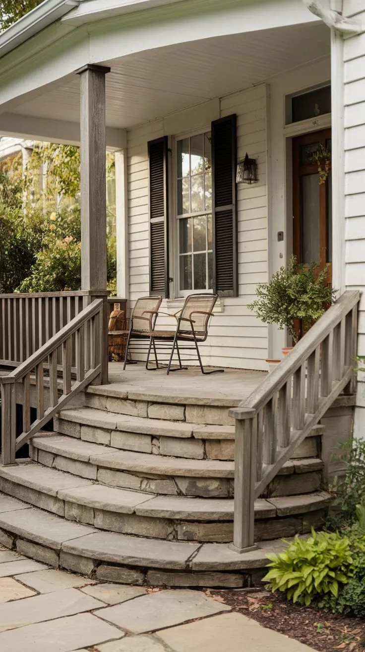 Inviting Front Porch with Stone Accents and Greenery