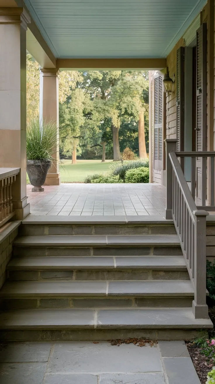 Serene Front Porch with Stone Accents and Lush Greenery