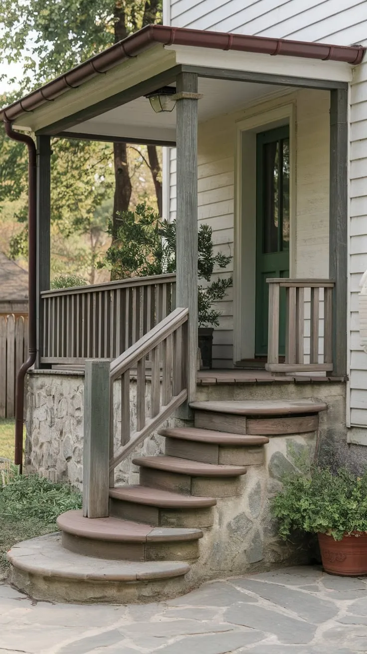 Inviting Front Porch with Stone Base and Green Door