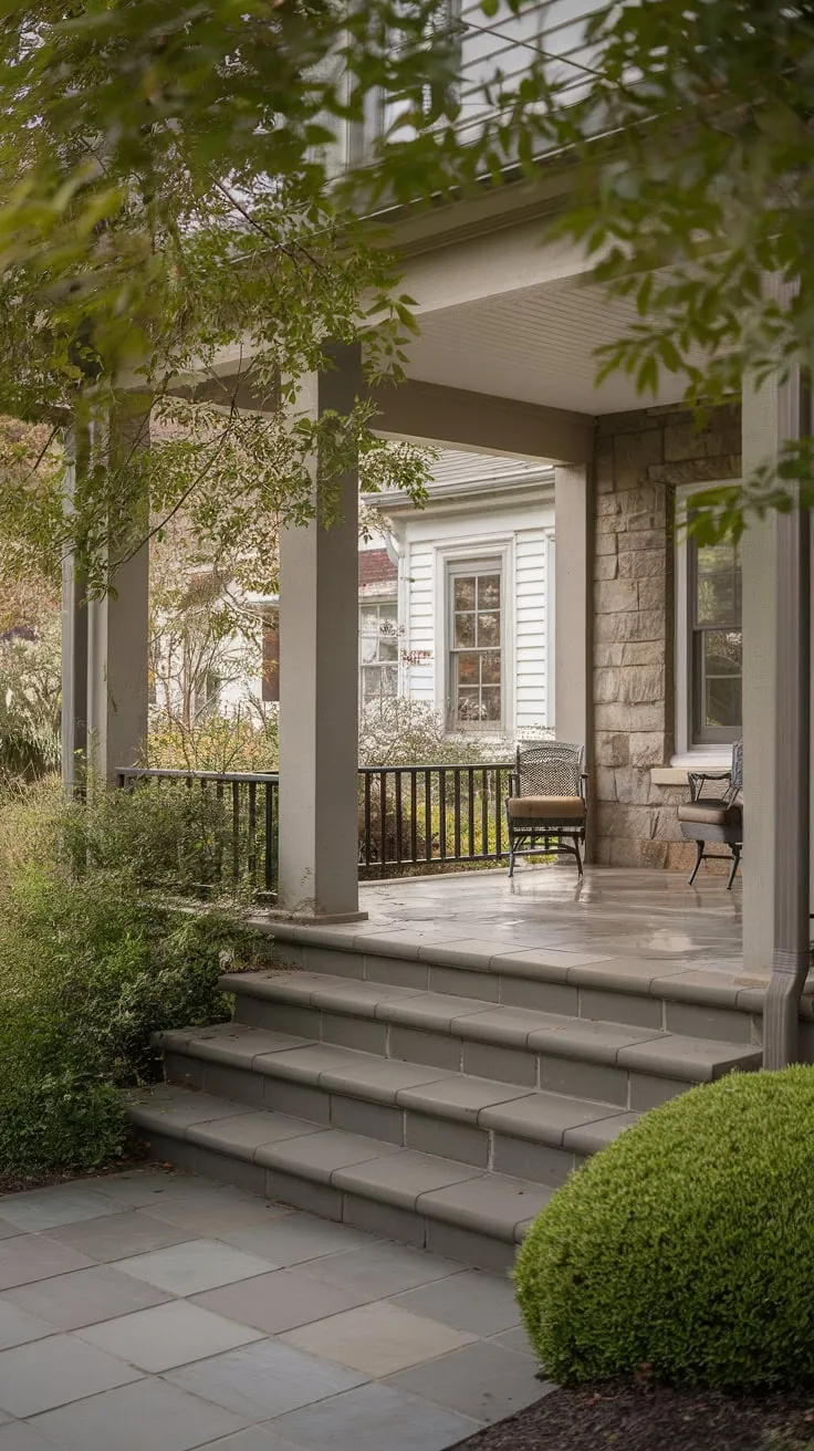 Serene Stone Porch Surrounded by Lush Greenery