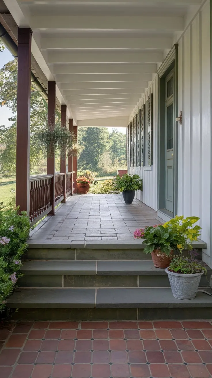 Lush Greenery Frames a Cozy Stone-Tiled Porch