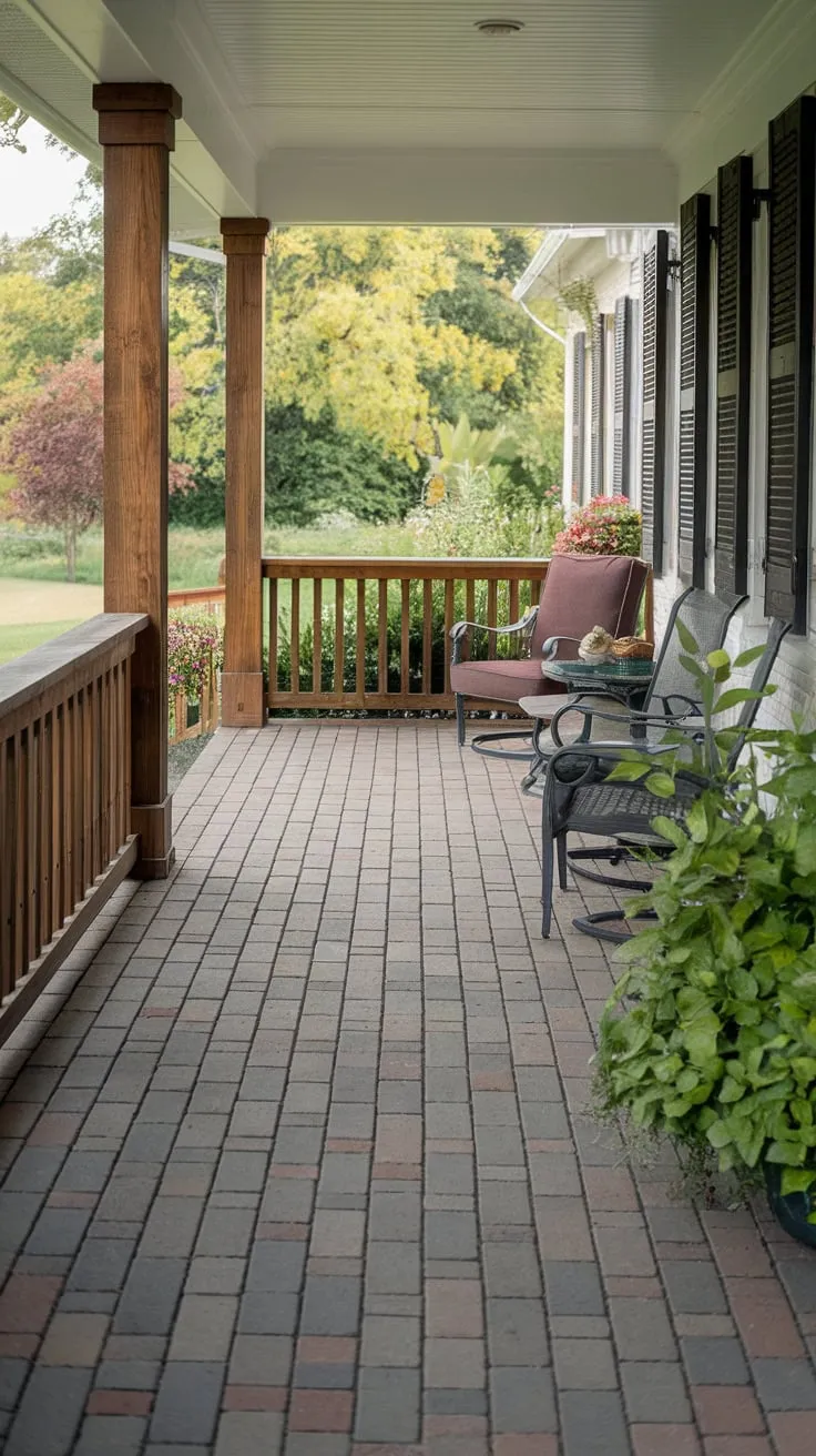 Cozy Brick Paver Porch Oasis Surrounded by Nature