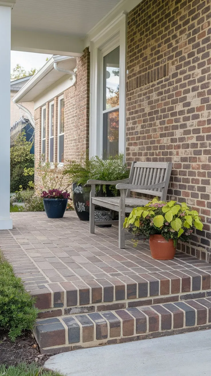 Inviting Brick Paver Porch with Lush Greenery