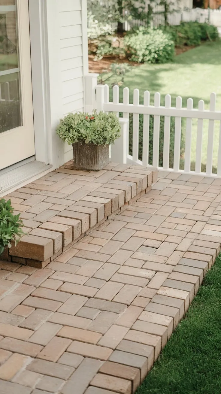 Charming Brick Paver Porch with Lush Greenery
