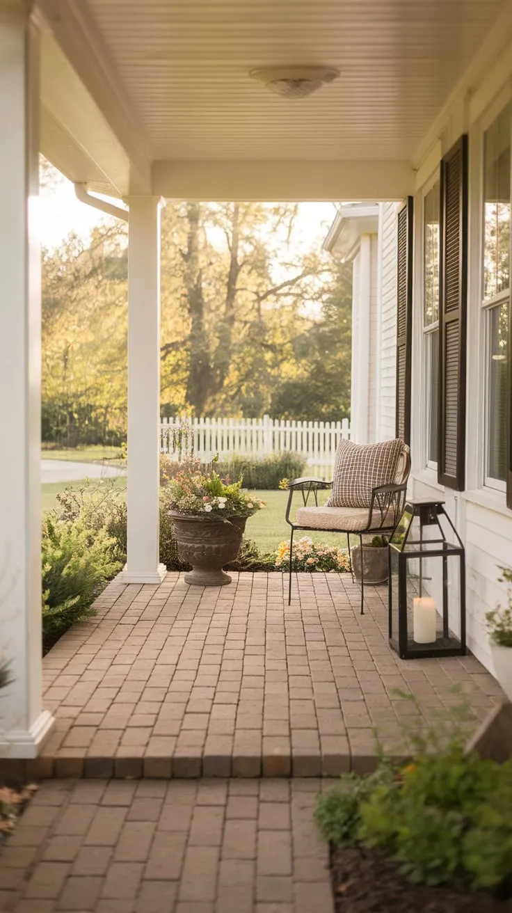 Cozy Front Porch Vibes with Brick Tiles and Greenery