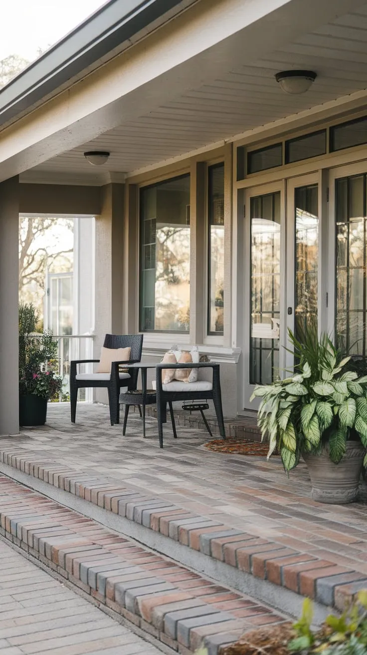 Charming Front Porch with Brick Pavers and Cozy Decor