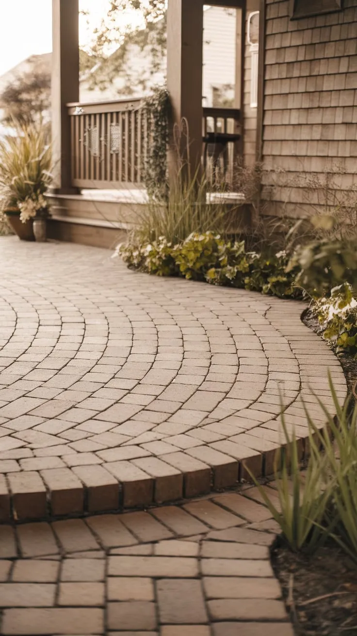 Charming Curved Brick Pavers on a Welcoming Front Porch