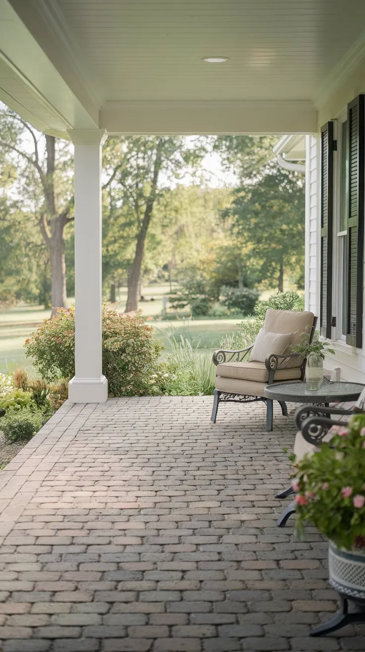 Inviting Porch Oasis with Brick Tiles and Greenery