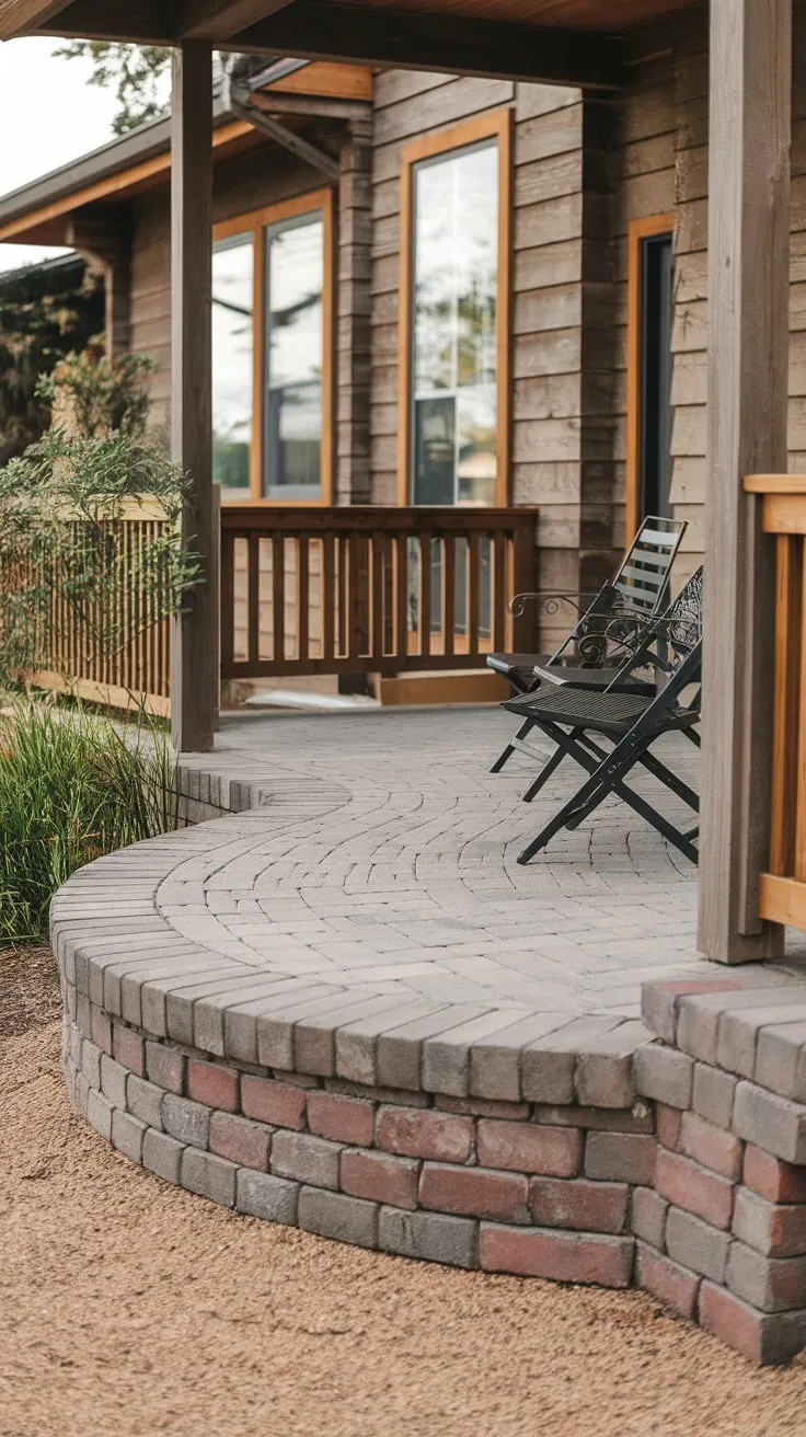 Charming Front Porch with Brick Pavers and Cozy Seating