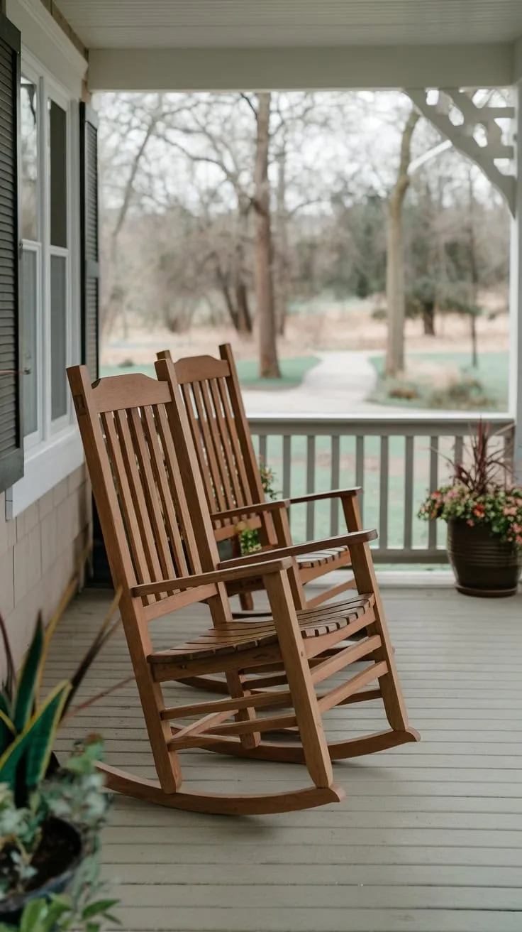 Charming Front Porch with Rocking Chairs and Scenic Views