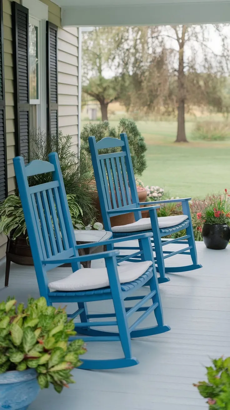 Charming Blue Rocking Chairs on a Serene Front Porch