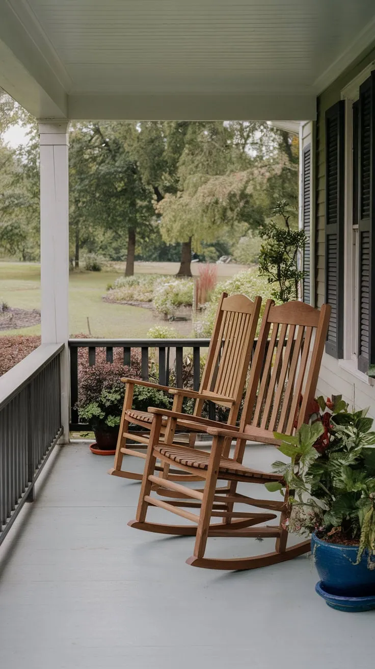 Cozy Rocking Chairs on a Lush Porch