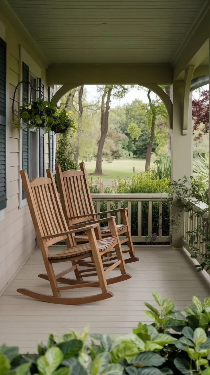 Inviting Front Porch Oasis with Rocking Chairs and Greenery