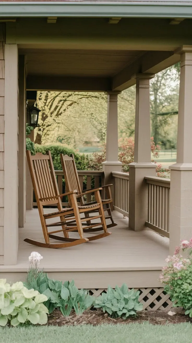 Charming Craftsman Porch with Rocking Chairs and Lush Garden
