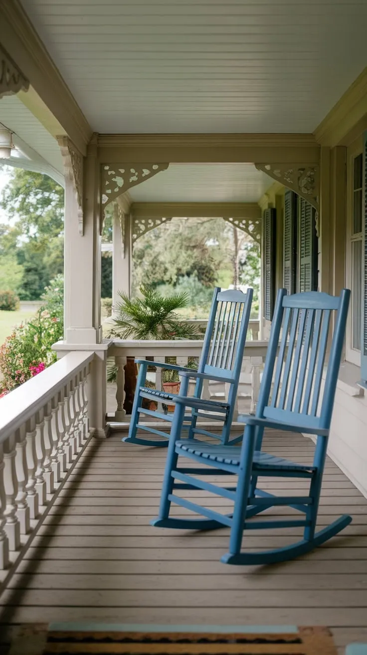 Charming Craftsman Porch with Blue Rocking Chairs