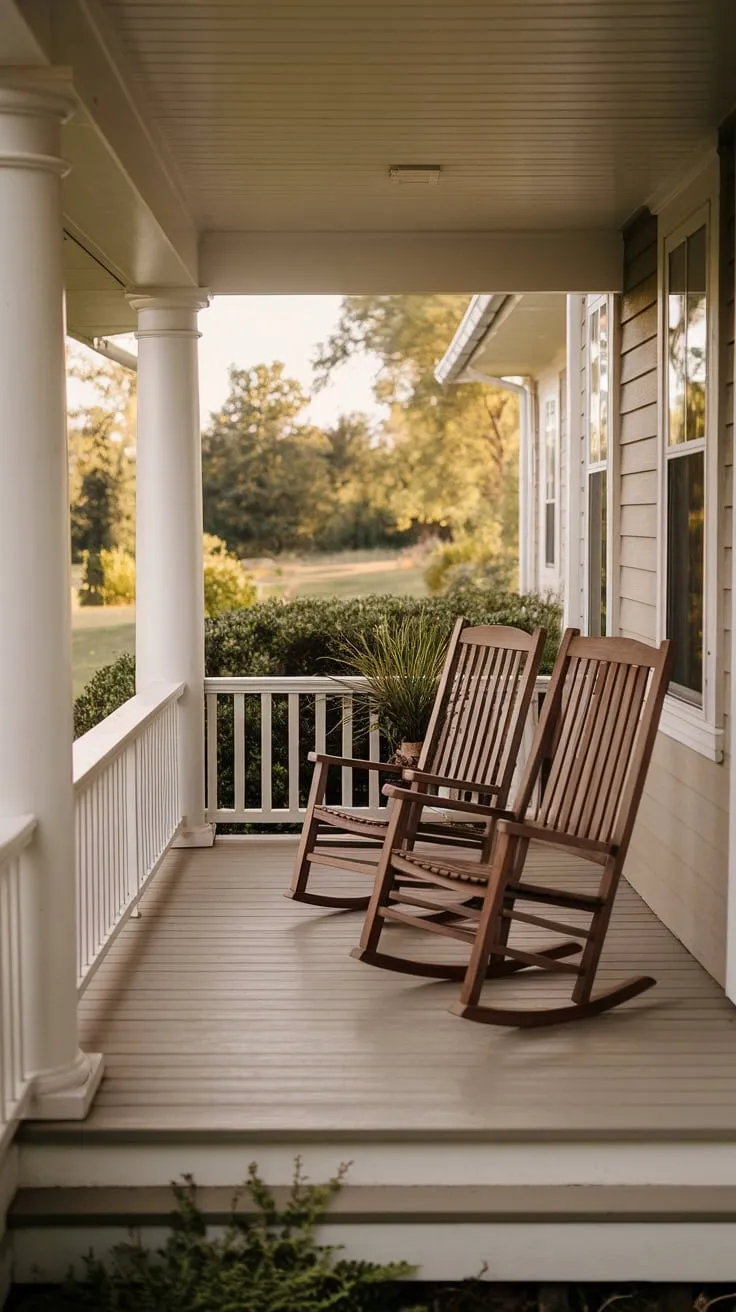 Charming Front Porch with Rocking Chairs and Lush Views
