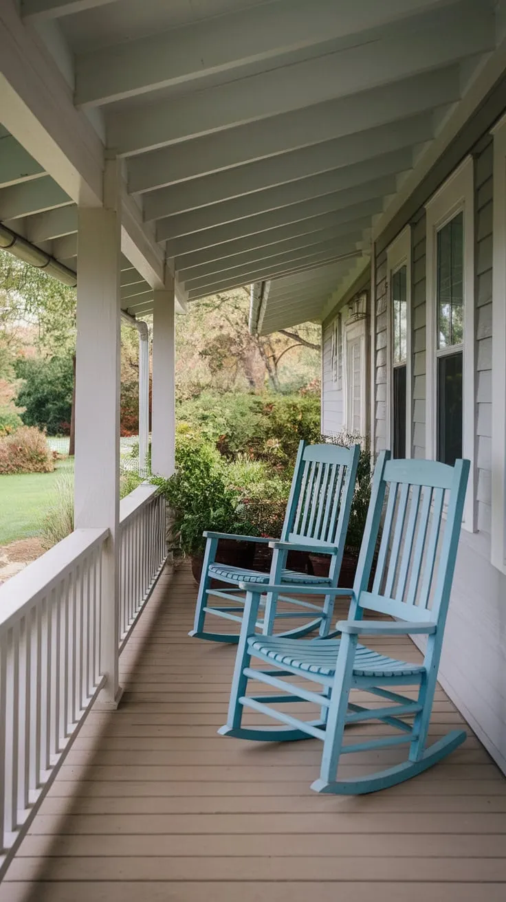 Charming Front Porch with Rocking Chairs and Lush Greenery