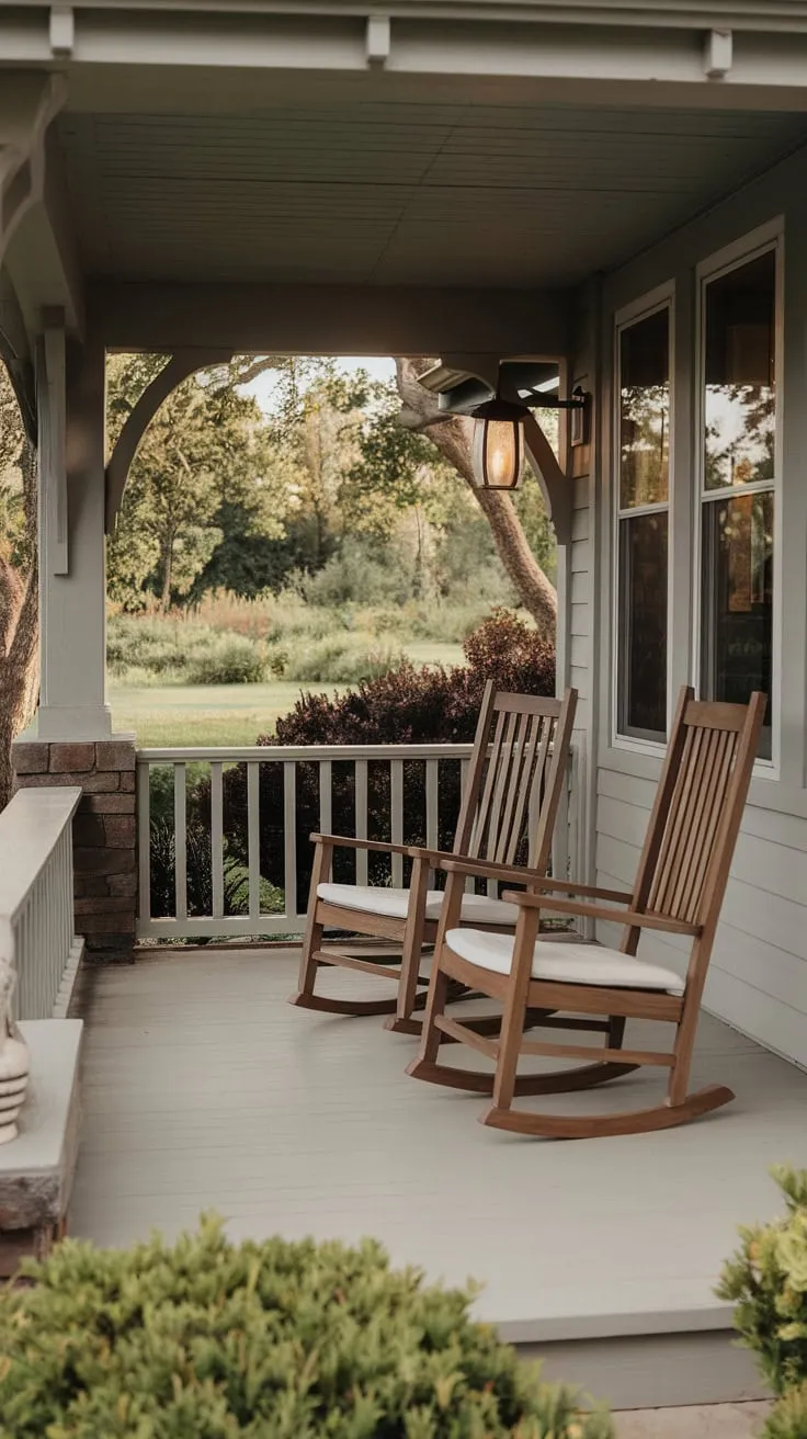 Charming Front Porch with Rocking Chairs and Lush Views