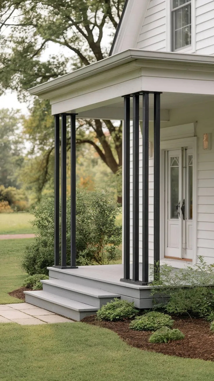 Serene Front Porch Oasis with Stylish Metal Posts