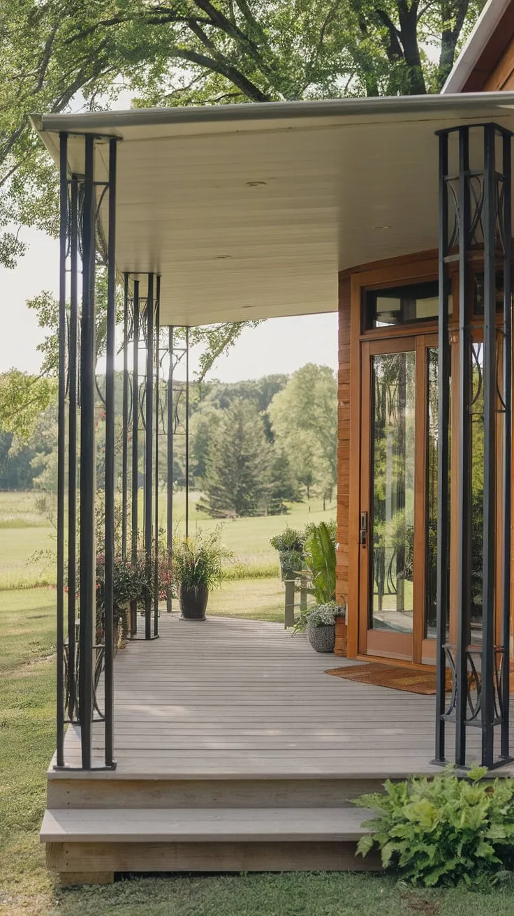 Stylish Roofless Porch with Curved Metal Columns and Lush Greenery