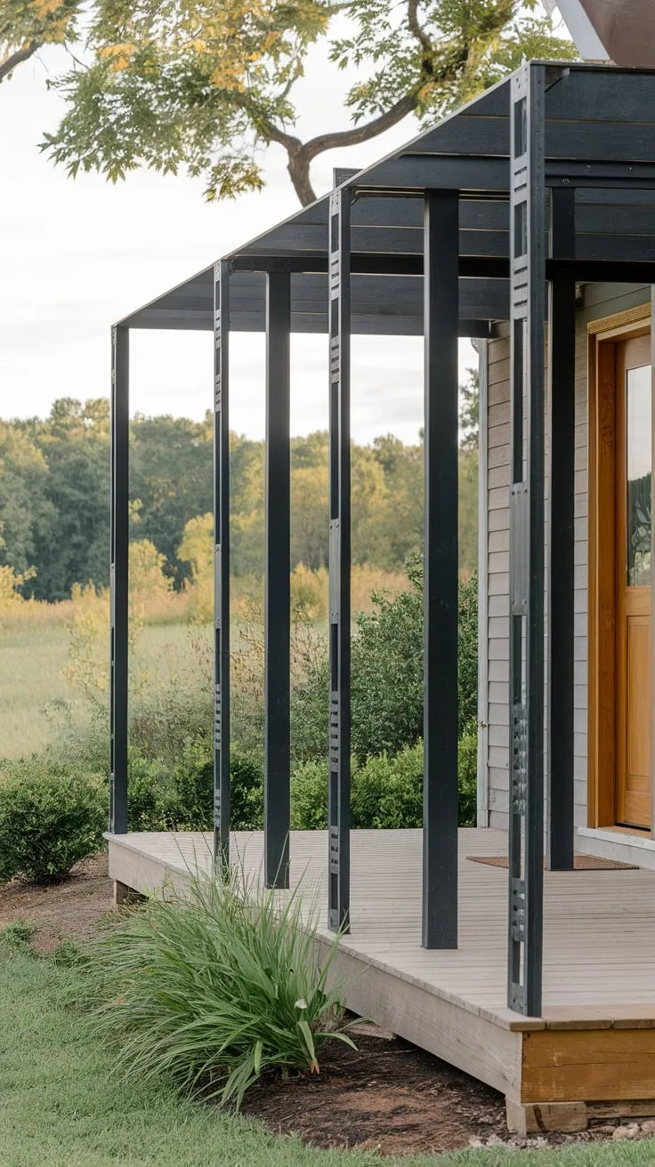 Stylish Open Porch with Black Metal Posts and Greenery