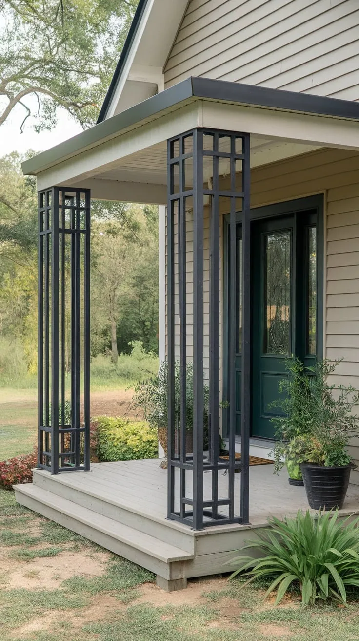 Stylish Roofless Porch with Black Metal Columns and Lush Surroundings