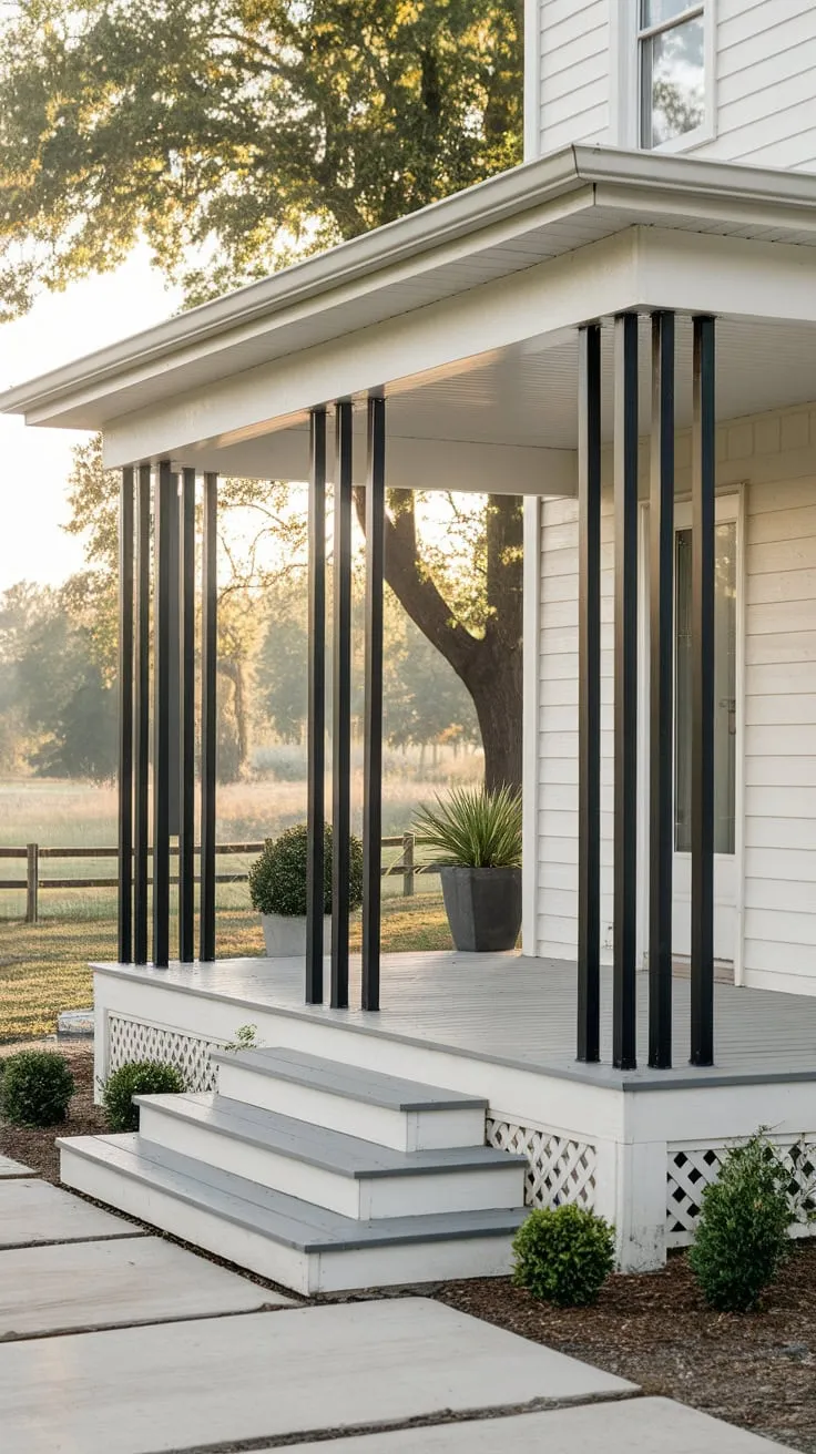 Stylish Front Porch Escape with Black Metal Posts