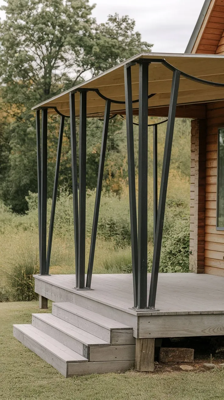 Stylish Front Porch with Curved Columns Amidst Lush Greenery
