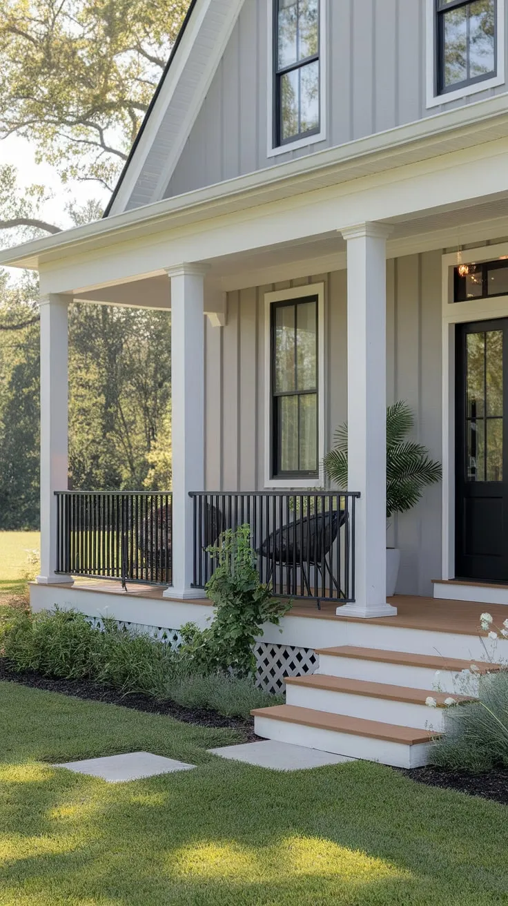 Stylish Gray Home Featuring a Cozy Porch Retreat