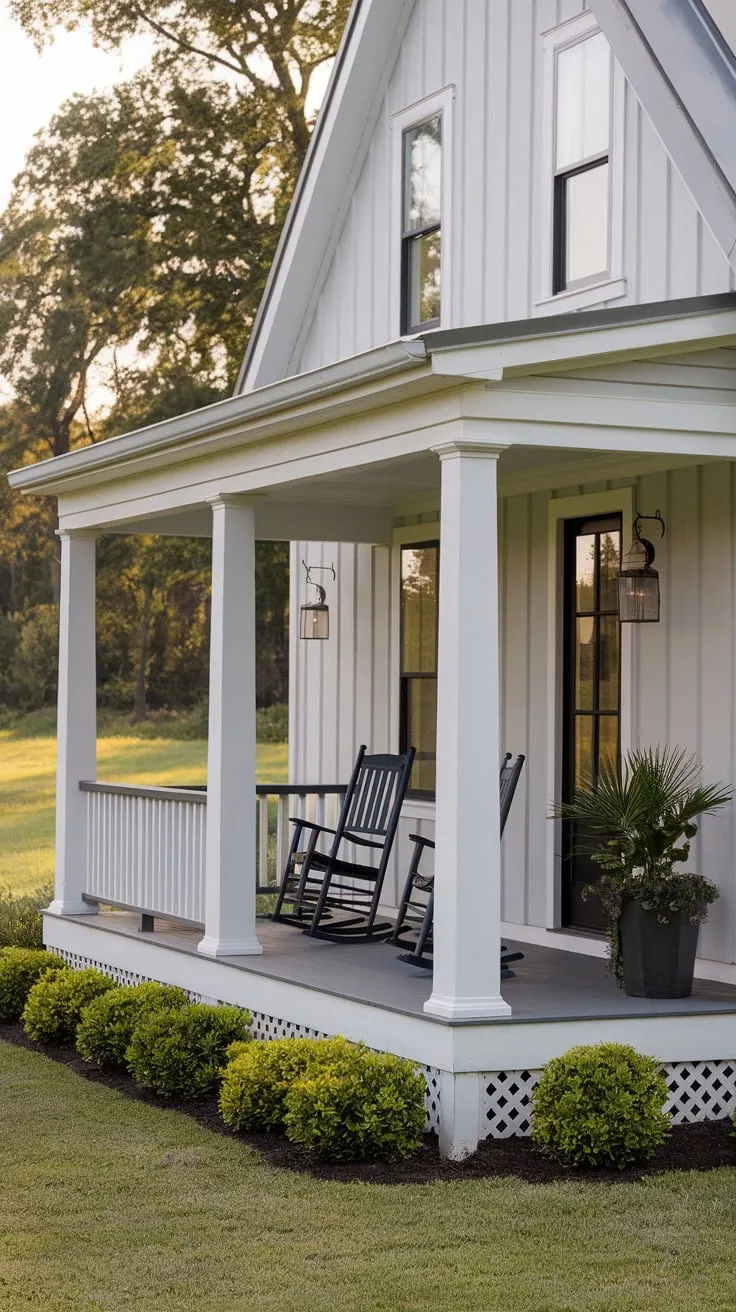Cozy Front Porch Oasis in a Modern Farmhouse Setting