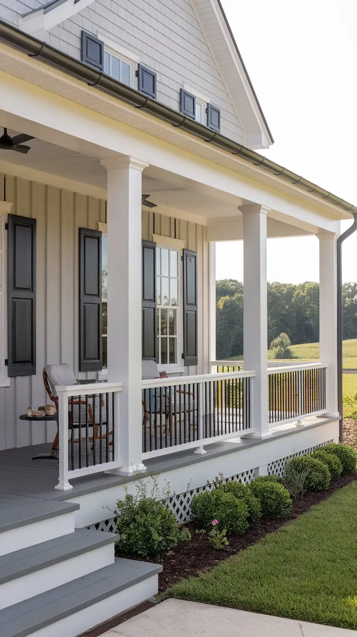 Stylish Grey Farmhouse Embracing Nature from Its Cozy Porch