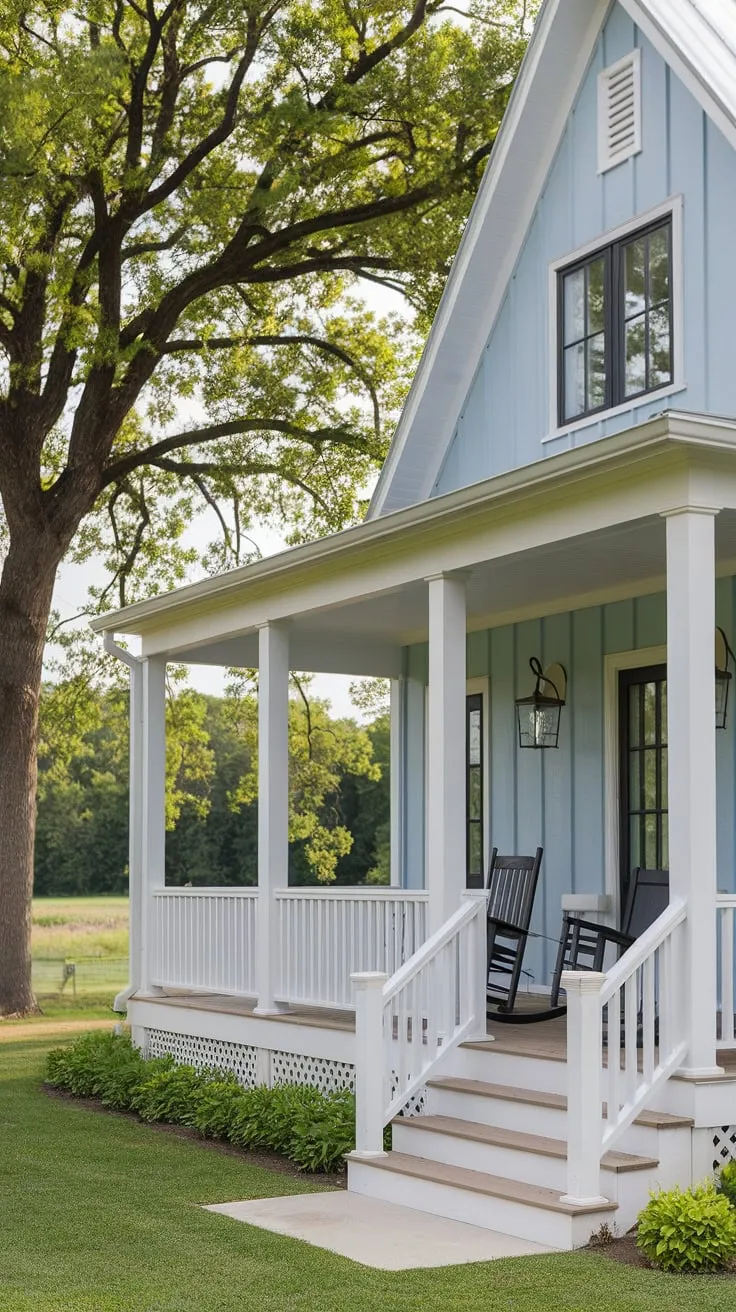 Serene Blue Farmhouse Embracing Nature on Its Front Porch