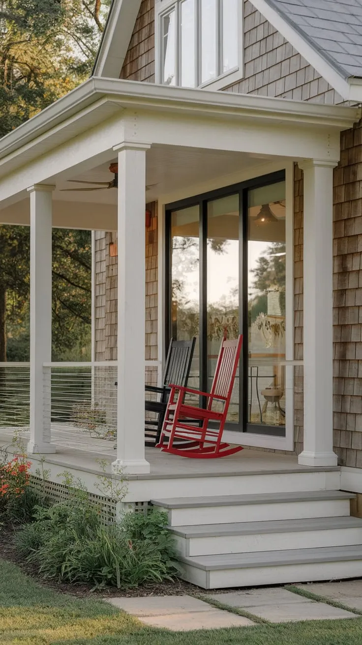 Cozy Front Porch Retreat with Rocking Chairs and Lush Greenery
