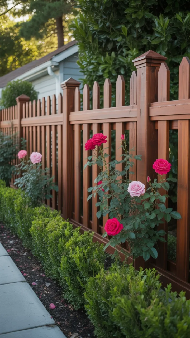 Mahogany Fence Framed by Climbing Roses and Golden Afternoon Light