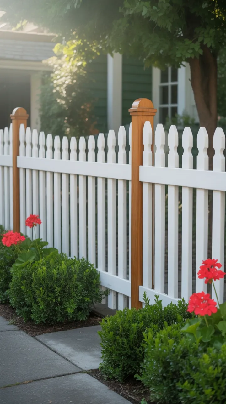 Sunlit Honey-Brown Picket Fence with Emerald Boxwoods and Red Geraniums