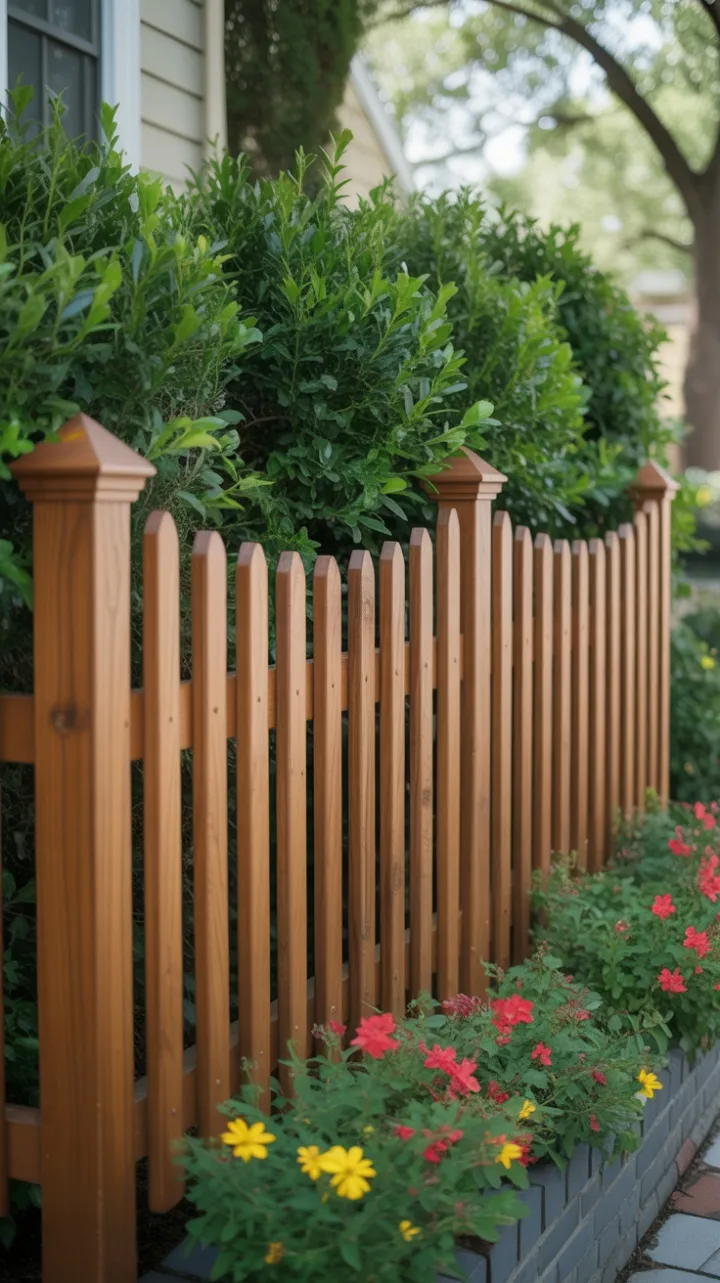 Sunlit Honey-Brown Picket Fence Framing Lush Boxwoods and Vibrant Blooms