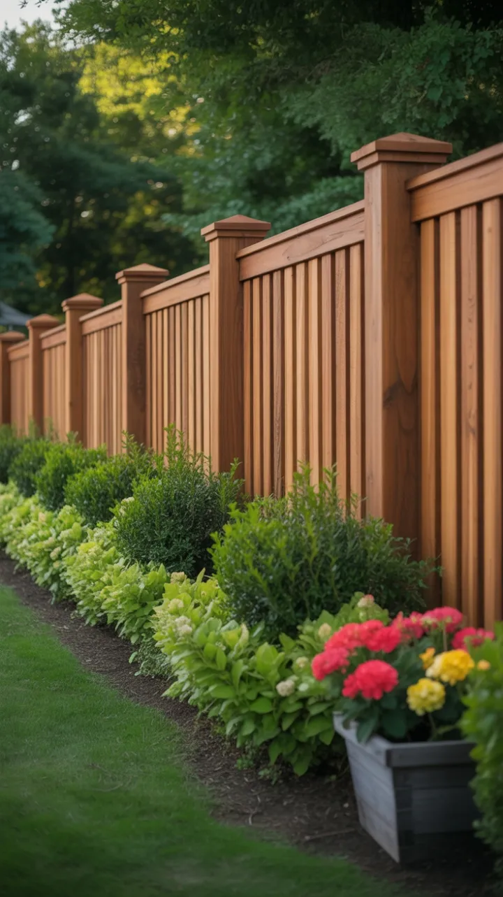 Sunlit Symmetry of a Freshly Stained Fence and Lush Blooming Borders